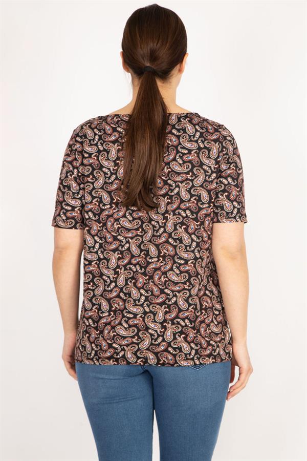 Kadın Renkli Büyük Beden Şal Desenli Yaka Detaylı Bluz