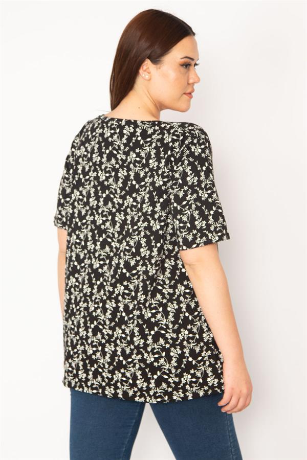 Kadın Büyük Beden Siyah Pamuklu Kumaş Bisiklet Yakalı Çiçek Desenli Tunik 65N36825
