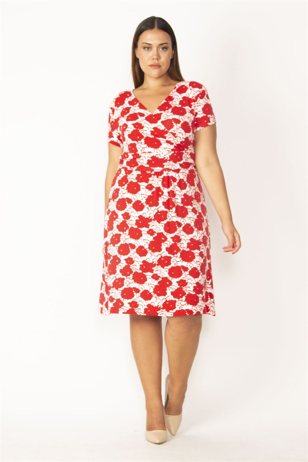 WOMEN'S RED WRAPPED COLLAR FLORAL PATTERNED VISCOSE DRESS