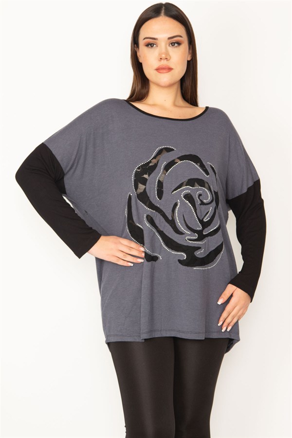 Kadın Gri Önü Flok Desen Ve Taş Detaylı İki Renkli Tunik 65N31412