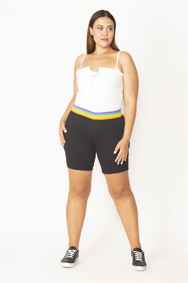 Kadın Büyük Beden Siyah Pamuklu Kumaş Beli Renkli Lastikli Cepli Şort 65N36780