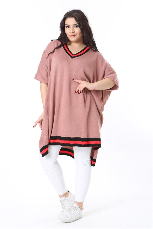 Kadın Büyük Beden Pudra V Yakalı Triko Panço 65N38571