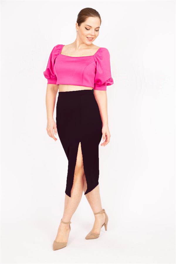 Kadın Fujya Büyük Beden Yaka Ve Kolu Lastik Detaylı Scuba Kumaç Crop