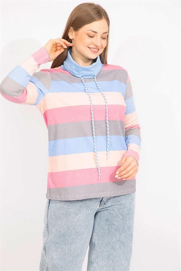 Kadın Renkli Büyük Beden Pamuklu Kumaş Yaka Detaylı Renkli Bluz 65N35558