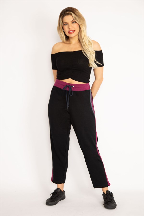 Kadın Siyah Beli Kuşgözü Bağcıklı Renk Detaylı Spor Pantolon 65N35047