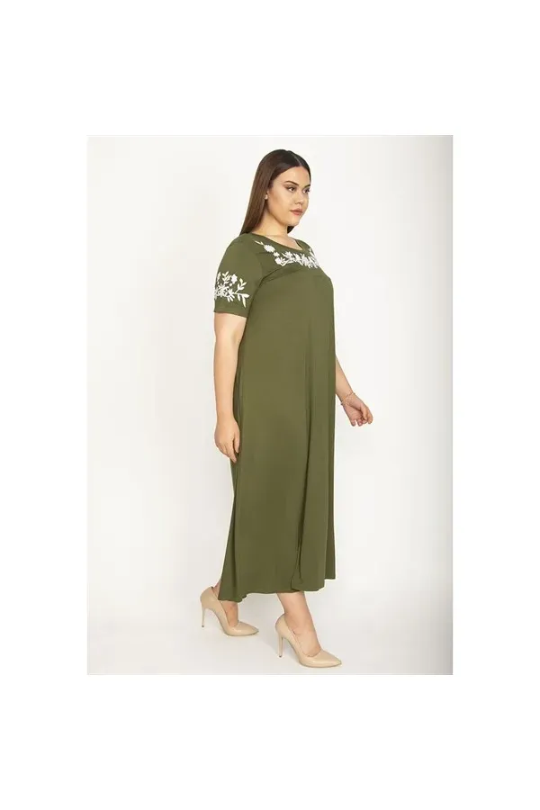 Kadın Haki Sim Detaylı Ön Baskılı Viskon Elbise 65N27473