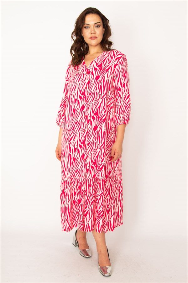 Kadın Fujya Dokuma Viskon Kumaş Ön Düğmeli Etek Ucu Katlı Elbise 65N33531