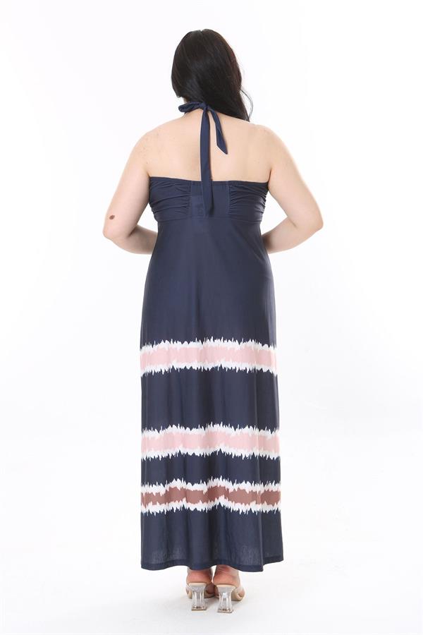 Kadın Büyük Beden Lacivert Boyundan Bağlamalı Straplez Elbise 65N37937