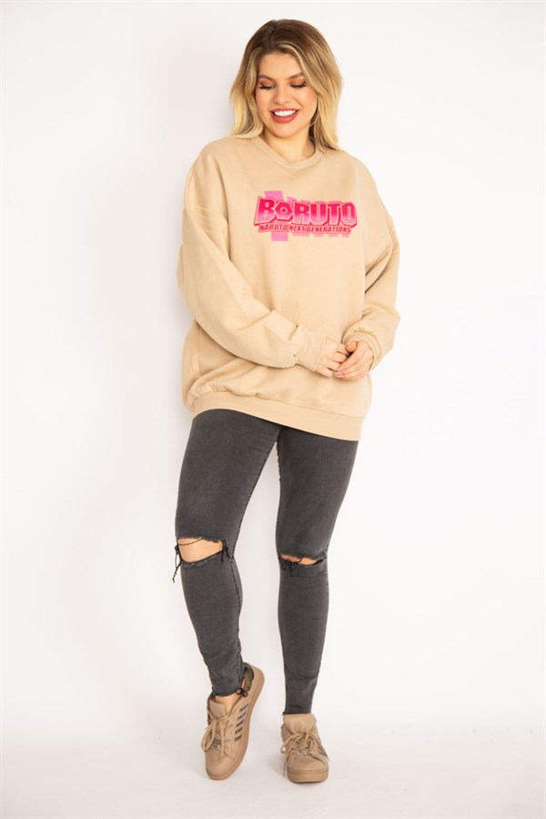 Kadın Camel İçi Şardonlu 3 İplik Kumaş  Sweatshirt 65N35086