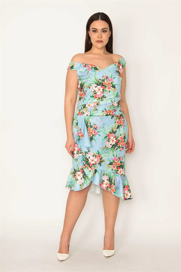 WOMEN'S COLORFUL DRESS WITH FLOUNCED WAIST AND DRAPED HEM