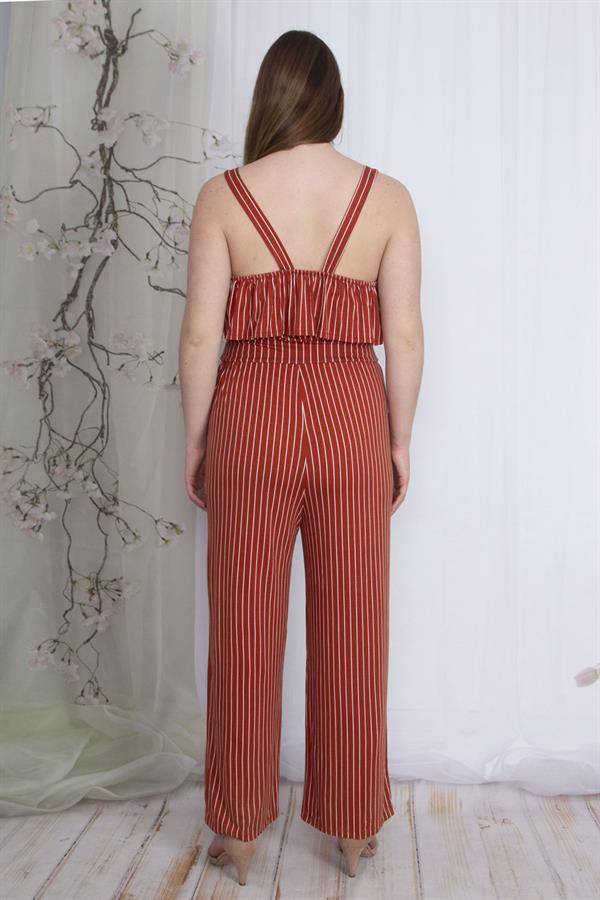 Kadın Tarçın Çizgili Volan Detaylı Askılı Tulum 65N23736