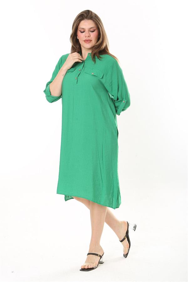 Kadın Büyük Beden Nar Ön Pat Düğmeli Süs Göğüs Cepli Kol Boyu Ayarlı Elbise 65N37871