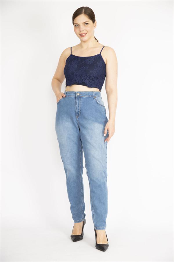 Kadın Büyük Beden Mavi Yüksek Bel 5 Cepli Likralı Kot Pantolon 65N36990