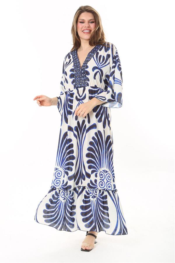 Kadın Büyük Beden Mavi Yakası Taş Detaylı Etek Ucu Katlı Krep Elbise 65N37907