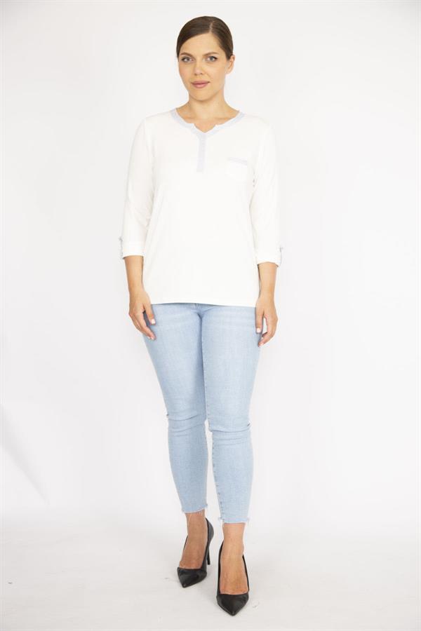 Kadın Büyük Beden Beyaz Sim Detaylı Öpücük Yakalı Kapri Kollu Bluz
