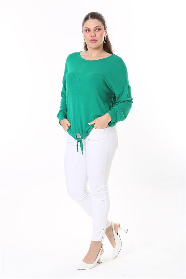 Kadın Büyük Beden Saks Önden Bağlamalı Uzun Kollu Bluz 65N37695
