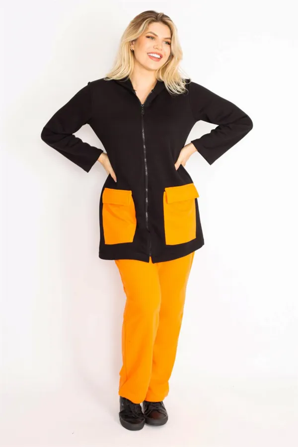 Kadın Büyük Beden Oranj-Siyah, Cep Kombinli Kapşonlu Ön Fermuarlı Sweatshirt Pantolon Takım 65N39162