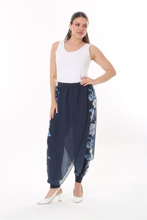 Kadın Büyük Beden Lacivert İçi Viskon Pantolonlu Şifon Anvelop Görünümlü Şalvar   65N37631