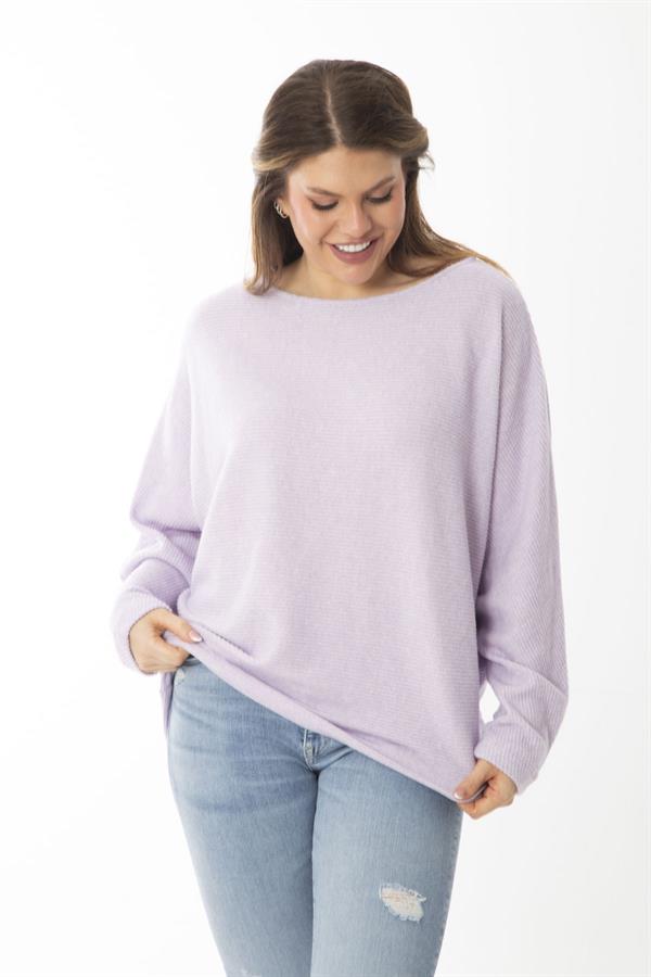 Kadın Büyük Beden Lila Yarasa Kol Kendinden Çizgili Yün Viskon Bluz 65N37007