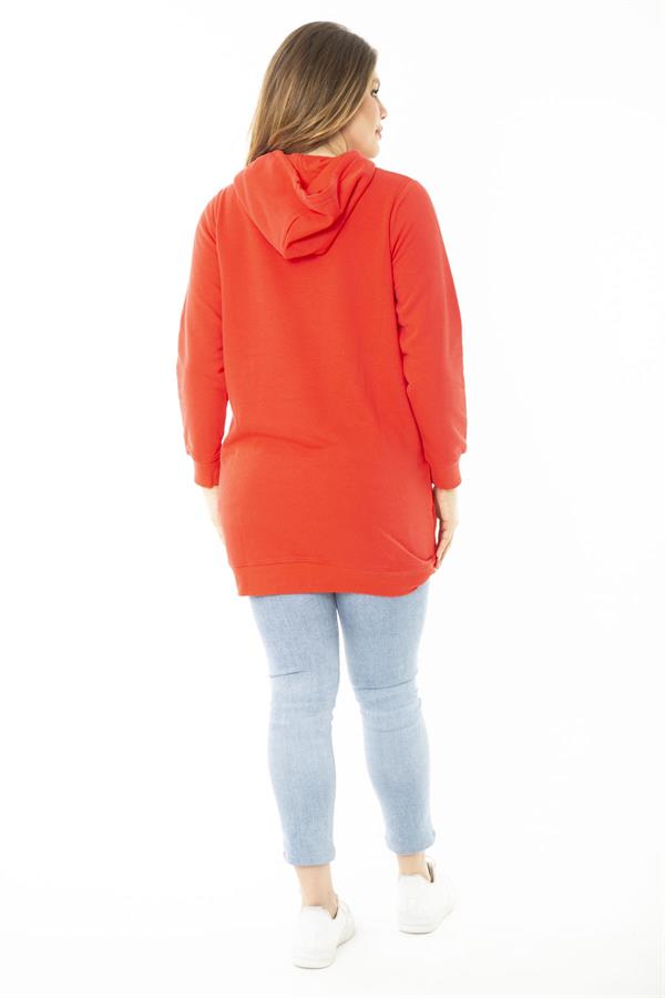 Women's Plus Size Red Double-Thread Hooded Sweatshirt with Raised Inside 65N37160