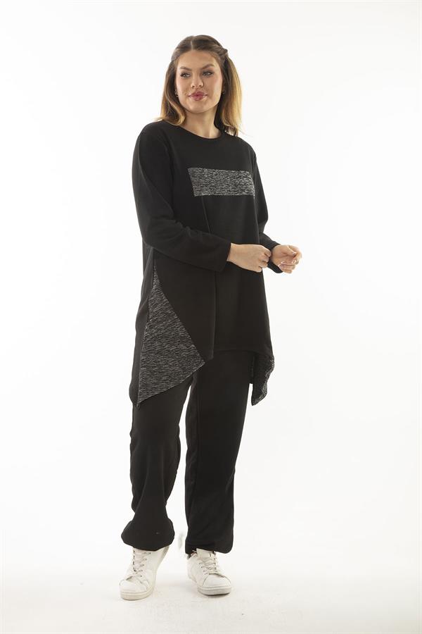 Kadın Büyük Beden Siyah Sim Detaylı Sweatshirt Pantolon İkili Takım 65N37054