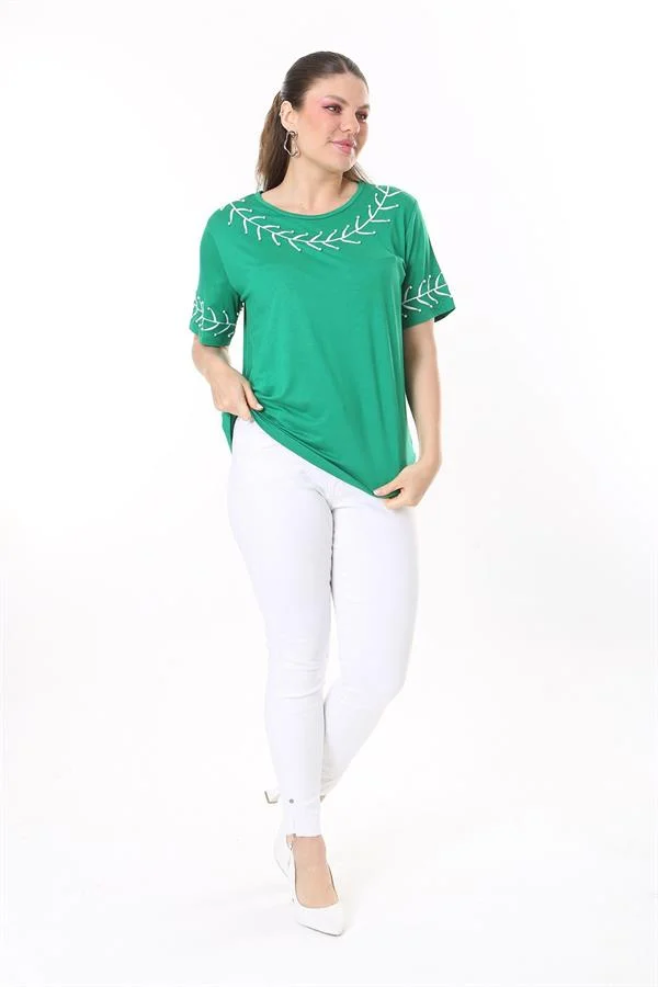 Kadın Büyük Beden Beyaz İnci Ve Nakış Detaylı Kısa Kollu Bluz 65N37677