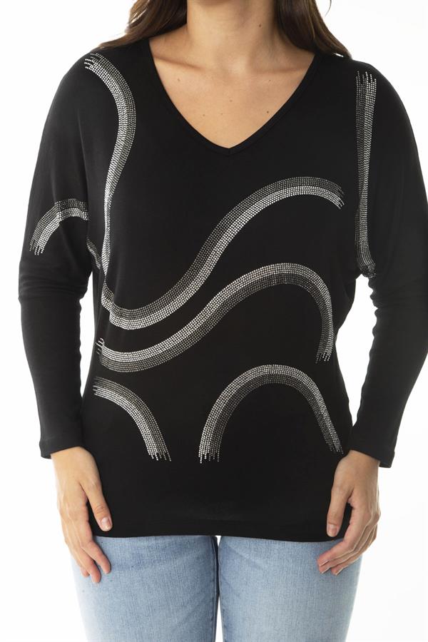 Kadın Büyük Beden Siyah Taş Detaylı V Yakalı Uzun Kollu Bluz 65N36861