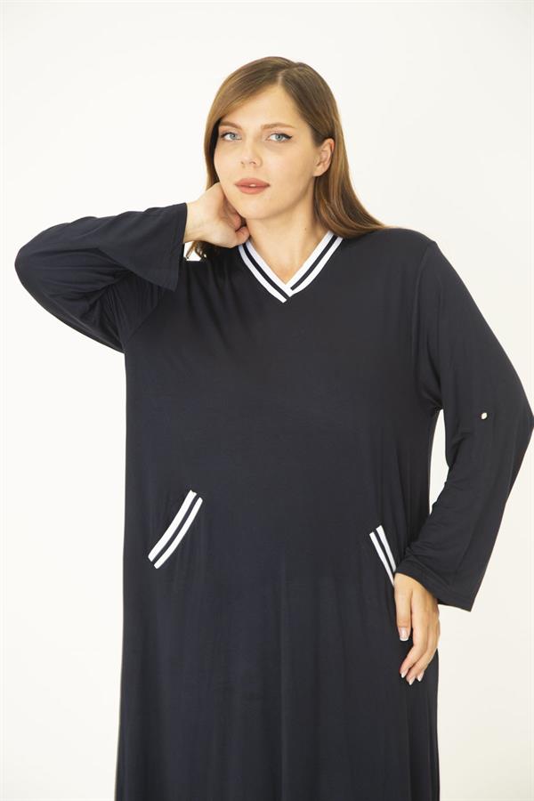Kadın Büyük Beden Lacivert Ribana Detaylı V Yakalı Kol Boy Ayarlı Cepli Elbise 65N36829