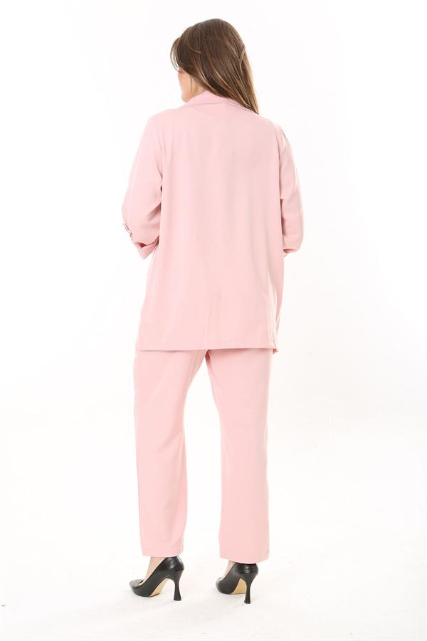 Kadın Büyük Beden Pembe Kol Boy Ayarlı Astarsız Ceket Ve Beli Lastikli Pantolon Takım 65N37779