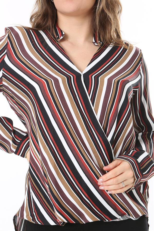 Kadın Büyük Beden Bej Dokuma Viskon Kumaş Kapalı Anvelop Bluz 65N37614