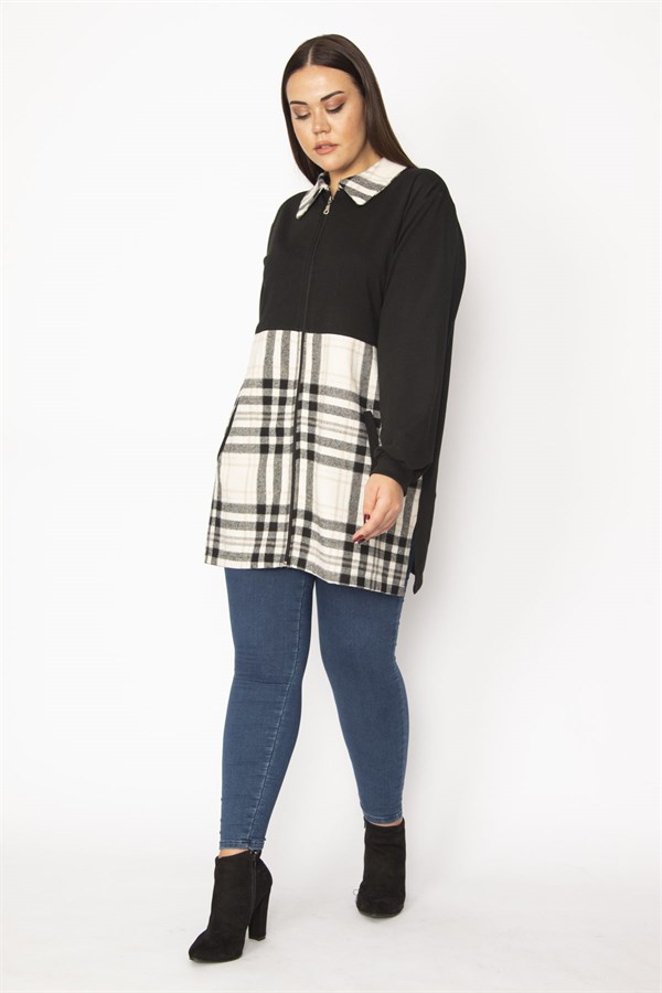 Kadın Bej Ekose Desen Detaylı Fermuarlı Cepli Mont 65N29569