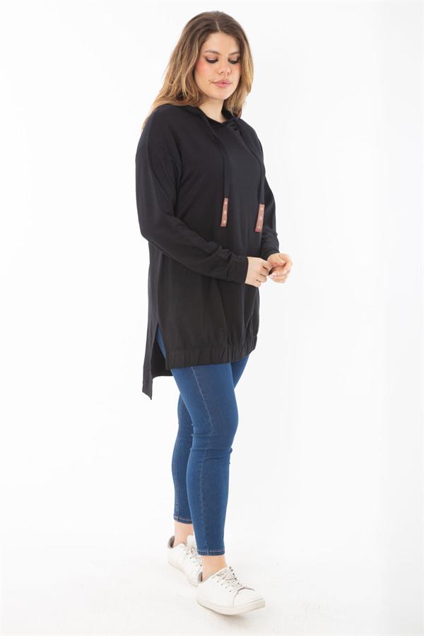 Kadın Büyük Beden Siyah Arkası Uzun Yan Yırtmaçlı Kapşonlu Sweatshirt 65N37310