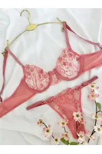 Ensemble de sous-vêtements à armatures et string à motifs floraux brodés de couleur corail
