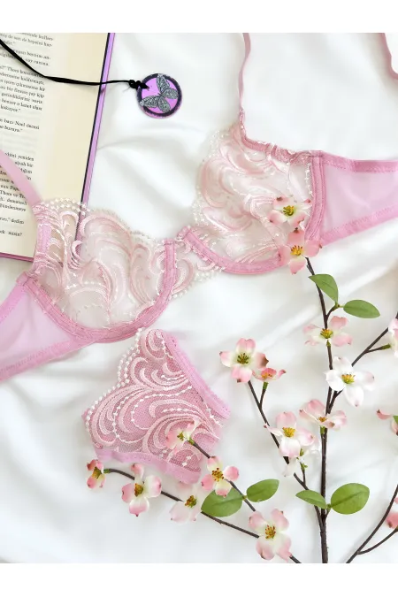 Pudra Pembe Ekru Çiçek Desenli Brode İşlemeli Balenli Kapsız Sütyen Tanga İç Çamaşırı Takım