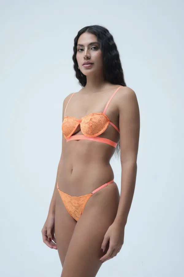 Neon Orange Lace Underwire Unpadded Balconette Bra Thong Lingerie Set