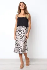 Jupe longue en satin lycra imprimé léopard, taille élastiquée et fermeture éclair, idéale pour une tenue pudique, 100 cm