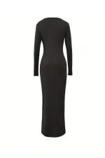 Kare Yaka Siyah Uzun Kollu Vücuda Oturan Likralı Özel Kumaş Maxi Elbise