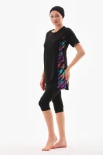 Likralı Yarı Kapalı Tesettür Mayo Siyah Renk desenli