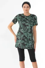 Semi-Closed Lycra Patterned Hijab Swimsuit Green Leaf
