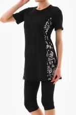 Likralı Yarı Kapalı Tesettür Mayo Siyah Beyaz Desenli