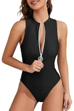 Siyah Halter Yaka Fermuarlı Tulum Mayo Havuz / Deniz