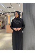 Kadın Sandy Taş Detaylı Siyah Tesettür Elbise