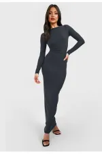 Robe maxi anthracite à manches longues, coupe moulante, en tissu Lycra, taille conforme.