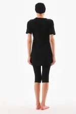 Likralı Yarı Kapalı Tesettür Mayo Siyah Renk desenli