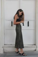 Yüksek Bel Leopar Desen Likralı Saten Etek Midi Boy Etek Beli Lastikli Ve Fermuarlı 85 Cm