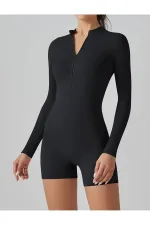 Long-sleeved, lycra jumpsuit swimsuit with zipper and shorts, suitable for pool, sea, and everyday wear.
