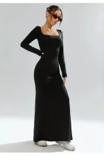 Kare Yaka Siyah Uzun Kollu Vücuda Oturan Likralı Özel Kumaş Maxi Elbise