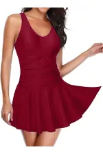 Likralı Etekli Birleşik Slipli Elbise Mayo Mürdüm