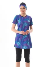 Likralı Yarı Kapalı Desenli Tesettür Mayo Mavi