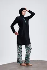 Paraşüt Kumaş Fermuarlı Tesettür Mayo Desenli Likralı Pantolonlu Su İticili